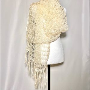 Crochet Powder Cream Fringe Sparkle Shawl Scarf Wrap Mohair Wool Bianco